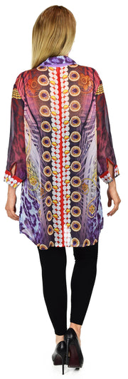 Artsy Semi Sheer Blouse, Chiffon Blouse,Button Down Blouse, Collared Exotic Print Shirt