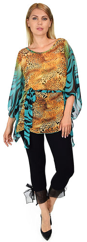 Summer Chiffon Poncho top, Caftan top, Semi sheer Tunic, Cover Up with Adjustable Belt