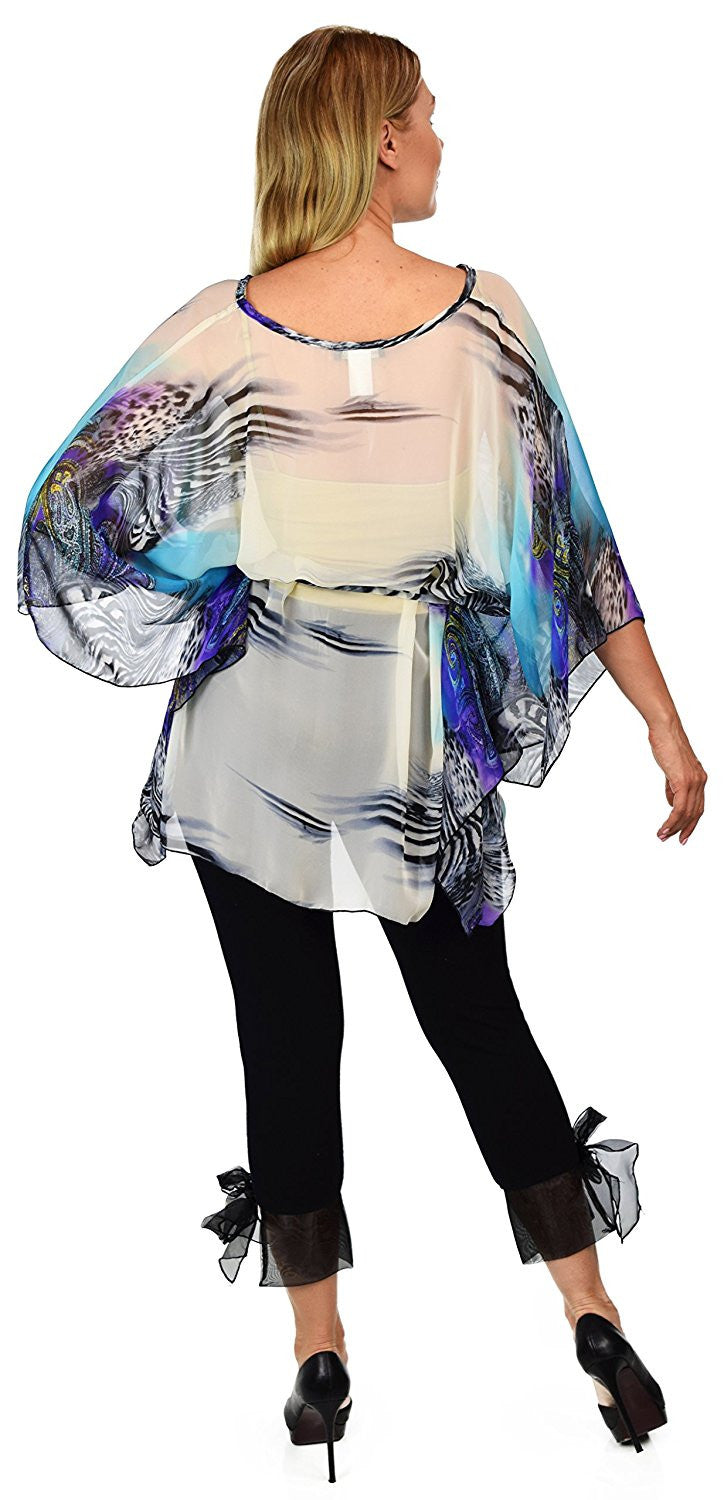 Summer Chiffon Poncho top, Caftan top, Semi sheer Tunic, Cover Up with Adjustable Belt