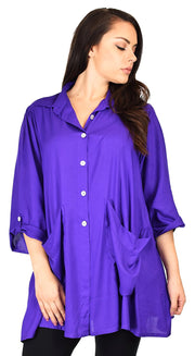 Button Down Tunic Blouse Shirt w/ Roll Up Sleeves