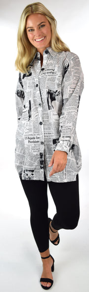 Newspaper Print Shirt, Cotton Blouse, Designer Blouse, Newspaper Print Blouse.