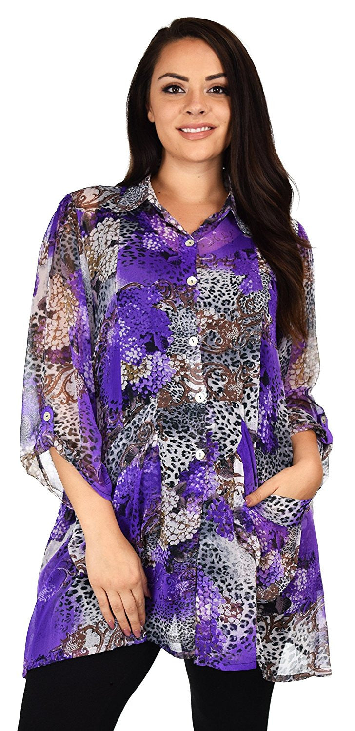 Button Down Semi-Sheer Tunic Blouse Shirt w/ Roll Up Sleeves