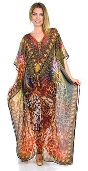 Semi Sheer Chiffon Digital Print Embellished Caftan Kaftan Rhinestone Work V Neck / Caftan Dress/ Cover Up