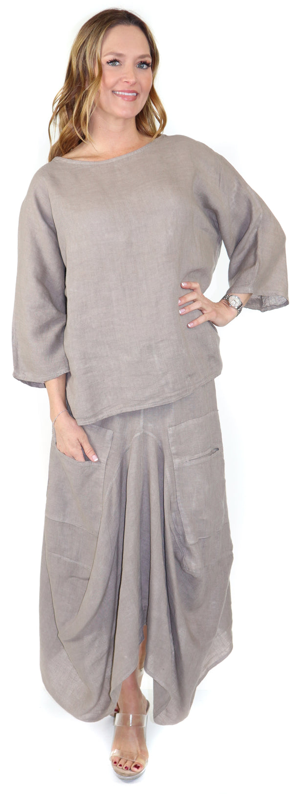 Linen Boho Breathable 2 Piece Pure Washed European Skirt and Top Set, Made in Italy Active