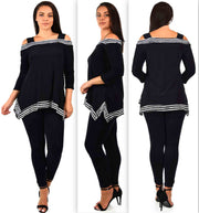 Elegant Classic 2 Tone Cold shoulder Tunic, Black and White Tunic, with details to the shoulders. S to 3XL